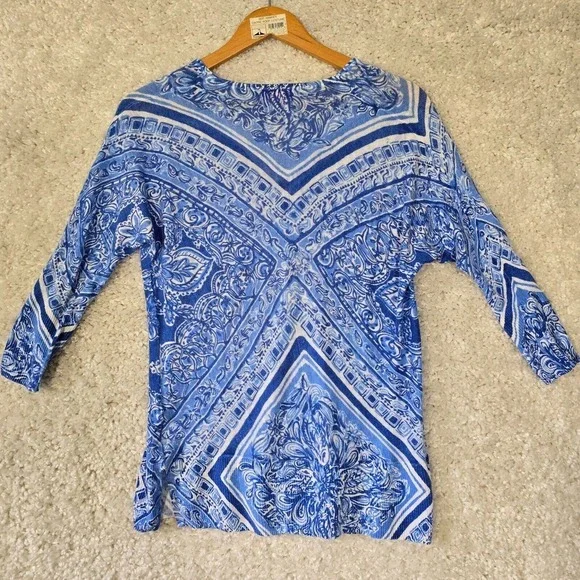 Lilly Pulitzer Linen Shirt Womens XS/S Blue White Paisley V-Neck Coastal - Picture 8 of 13